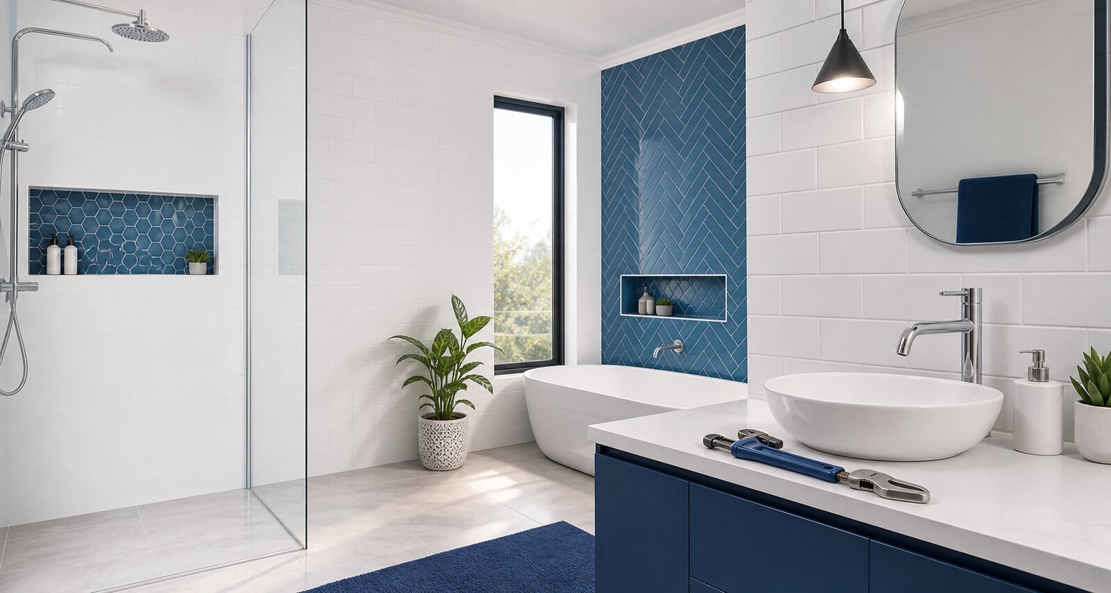 Modern white bathroom with blue feature tiles and plumbing tools